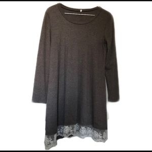 Brown TunicDress shirt lace panel front hem Size S